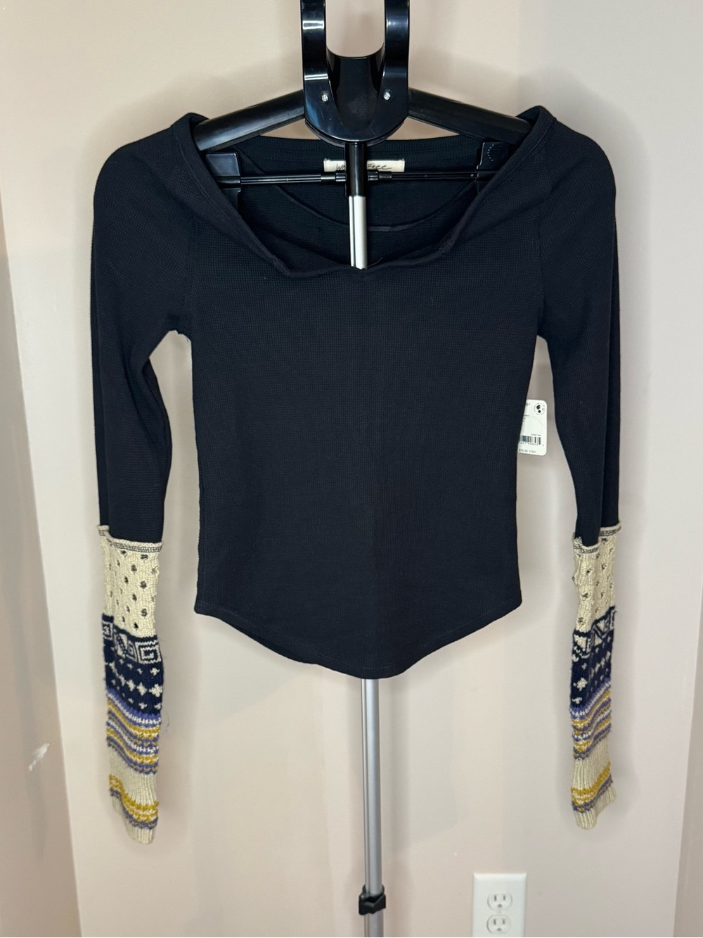 Free People Cozy Craft Cuff Thermal Top SizeXS Black Boatneck Waffle Knit Grunge - Picture 3 of 14